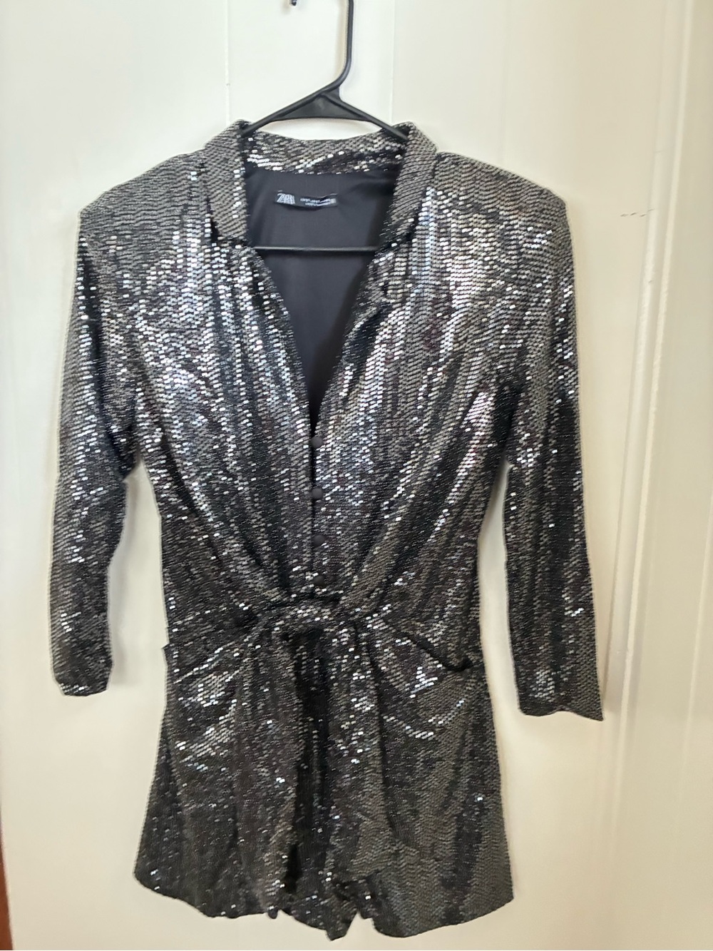 Zara Silver Sequin Long-Sleeve Tie-Waist Romper